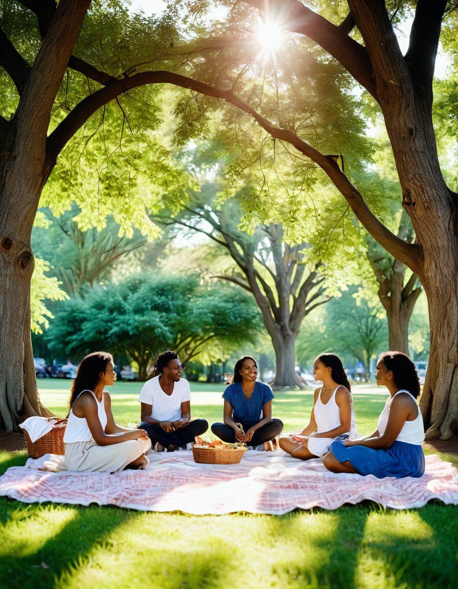 A serene park scene depicting diverse groups of friends engaging in meaningful conversations, surrounded by lush greenery and soft sunlight filtering through trees. Include elements like a picnic setup, laughter, and supportive body language to emphasize connection and care. Use warm, inviting colors to evoke a sense of comfort and community. super-realistic. vibrant colors. soft focus.
