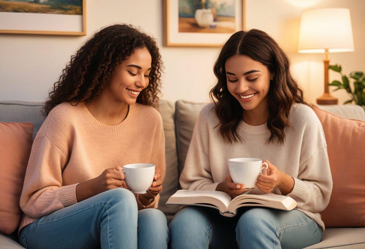A warm and inviting scene of two friends sitting together on a cozy sofa, sharing a heartfelt conversation. Incorporate elements like a steaming cup of tea, a softly lit lamp, and personal growth books on a nearby table. Use a serene color palette with gentle pastels, symbolizing emotional support and connection. Emphasize the smiles and genuine expressions of the friends to reflect their bond. soft illustration. pastel colors. cozy atmosphere.
