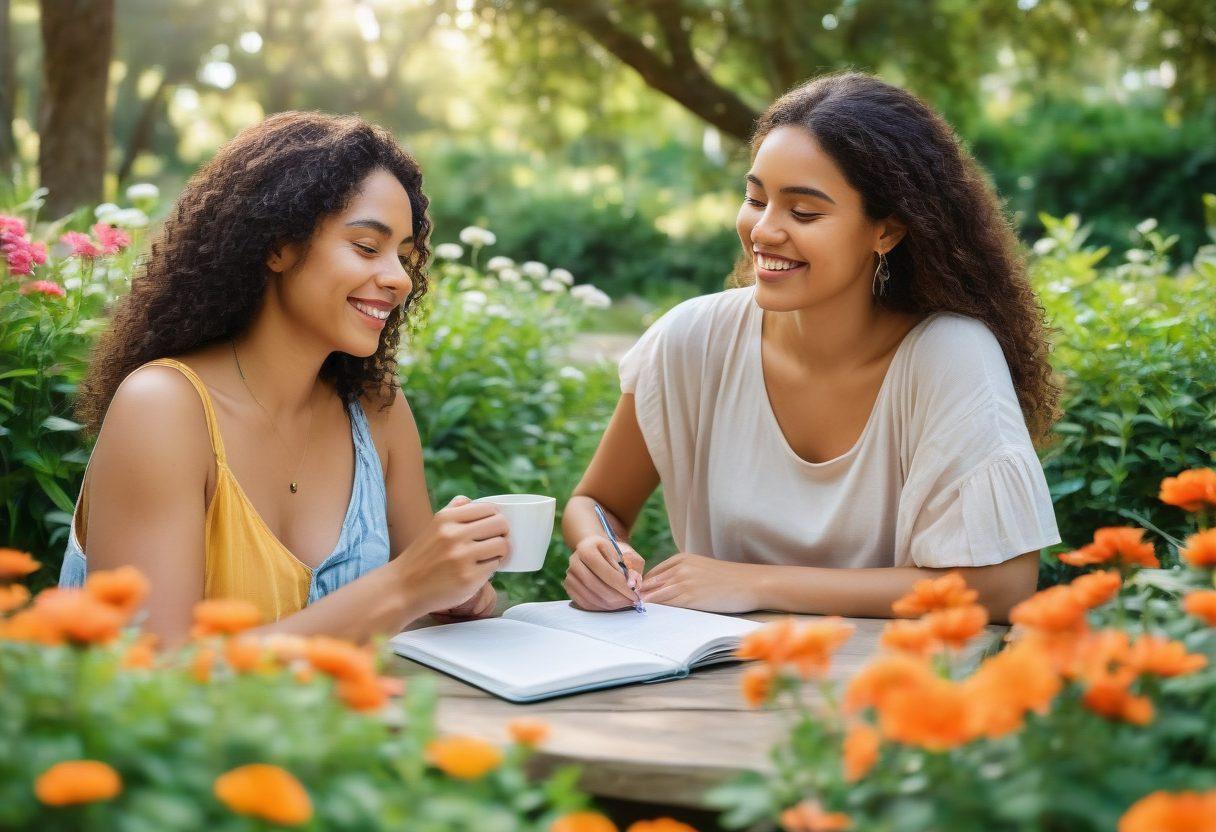 A serene scene of diverse individuals engaging in meaningful conversations and activities in a lush, green park, with soft sunlight filtering through trees. Each person displays expressions of joy and connection, symbolizing personal growth and nurturing relationships. Include elements like a notebook, coffee cups, and flowers to enhance the theme of warmth and support. vibrant colors. super-realistic.